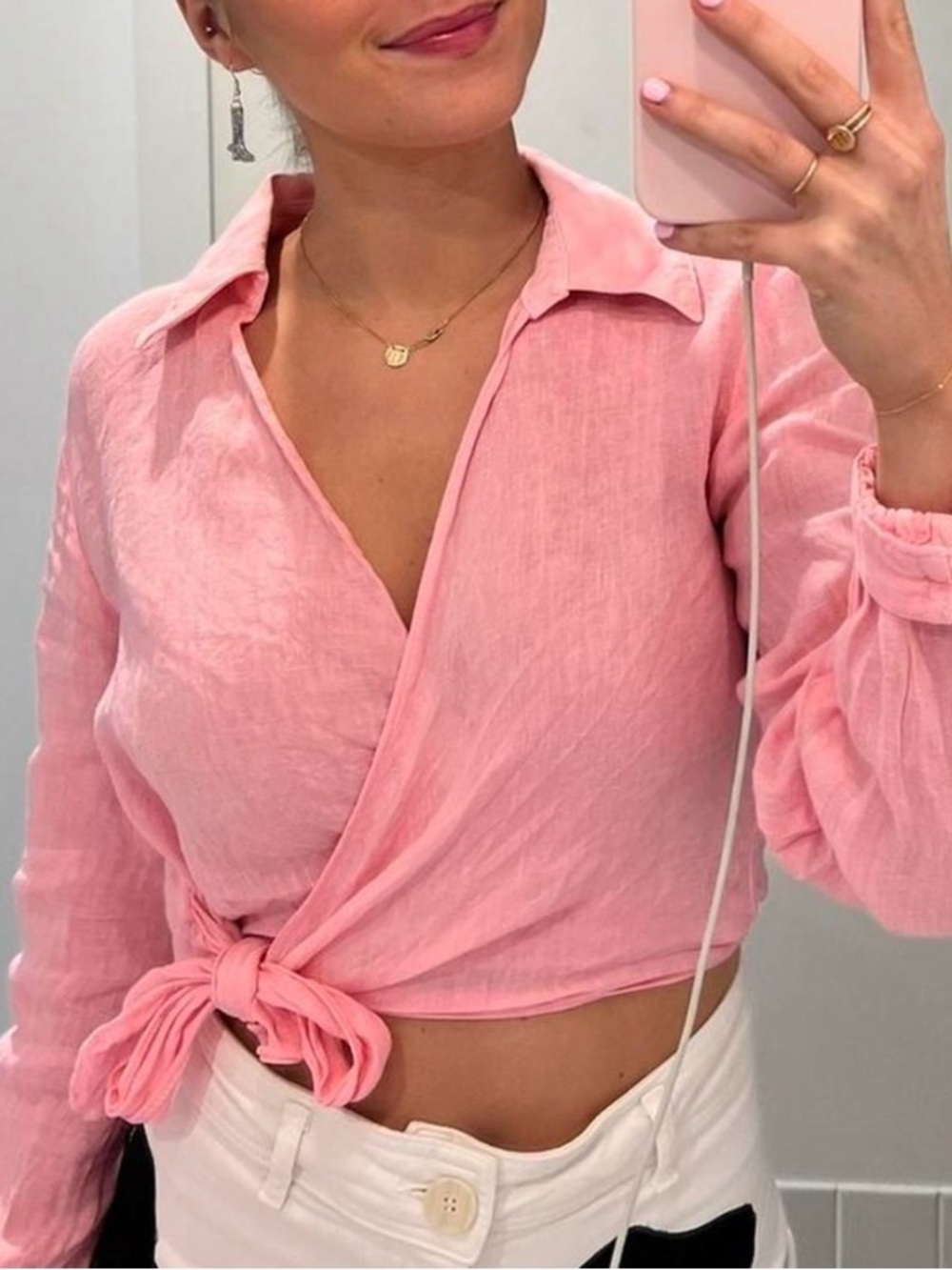 Zara Light Pink Tie-Front Linen-Blend Crop Top